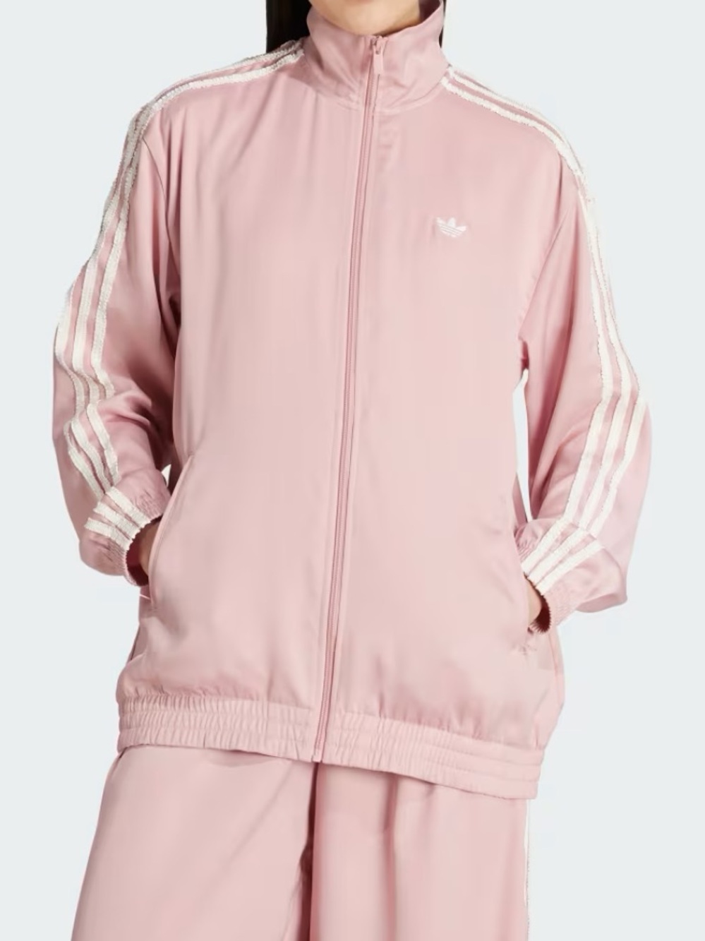 adidas Satin Pink Oversized Track Jacket White 3-Stripes with Matching Pants - Picture 3 of 13